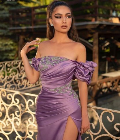 Noble Off The Shoulder Ruffles Purple Split Mermaid Evening Dresses-BMbridal.com