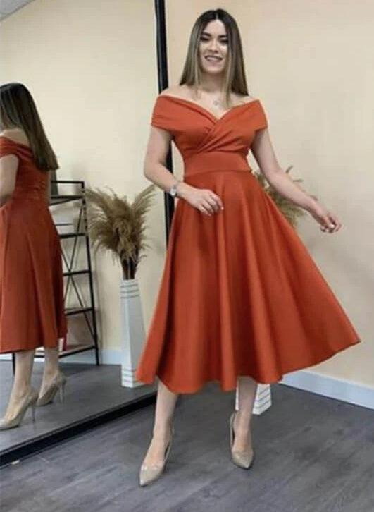 Off-The-Shoulder A-Line Satin Bridesmaid Dresses in Rust Short Length