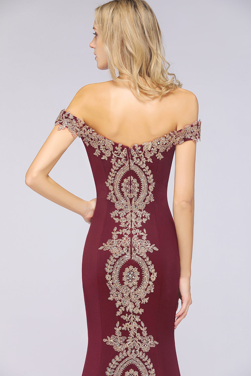 Off-the-shoulder Floor-Length Dress with Lace Appliques-BMbridal