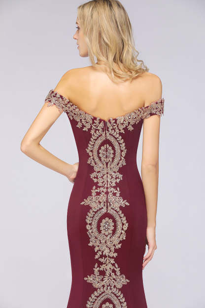 Off-the-shoulder Floor-Length Dress with Lace Appliques-BMbridal