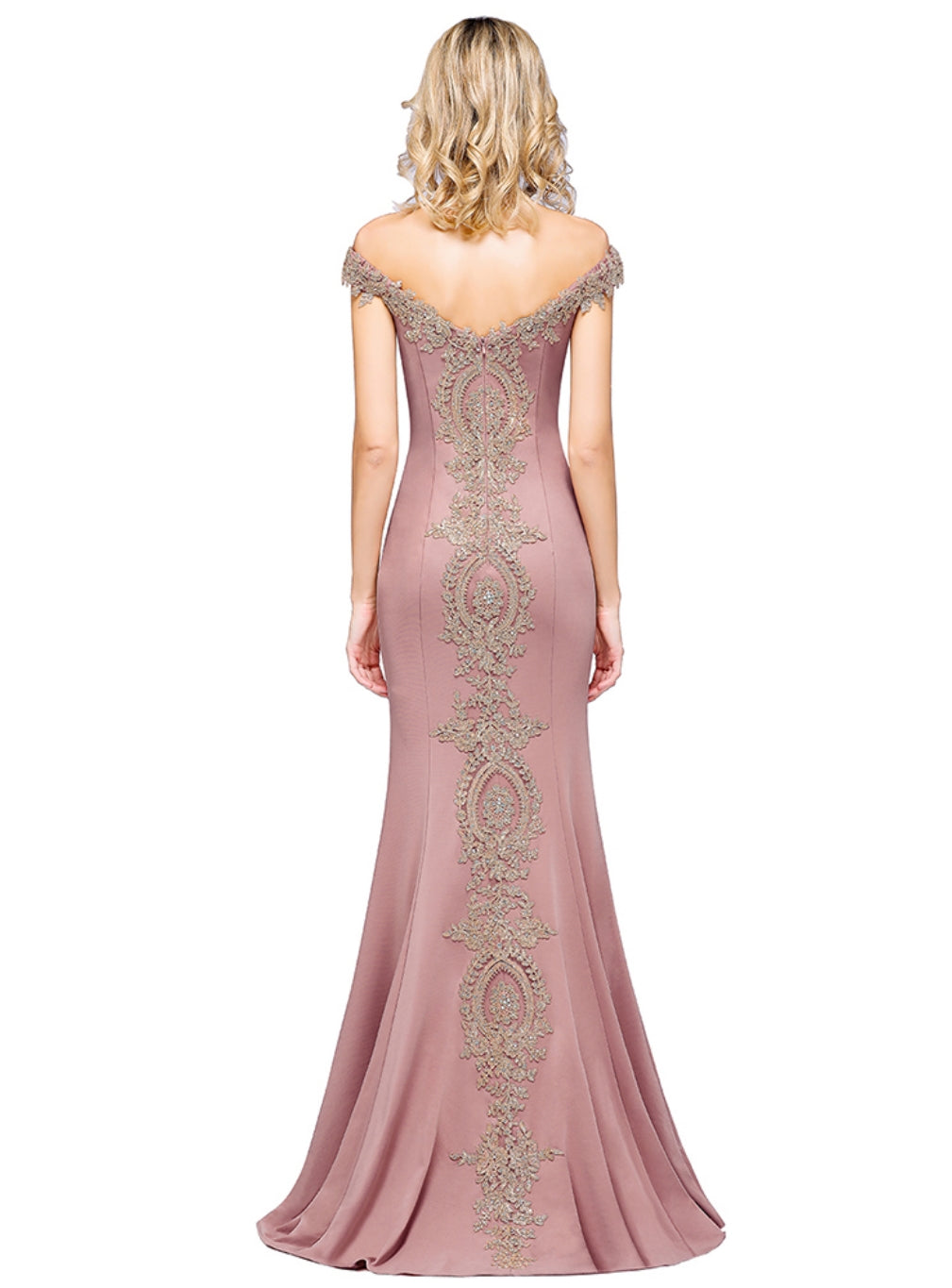 Off-the-shoulder Floor-Length Dress with Lace Appliques-BMbridal