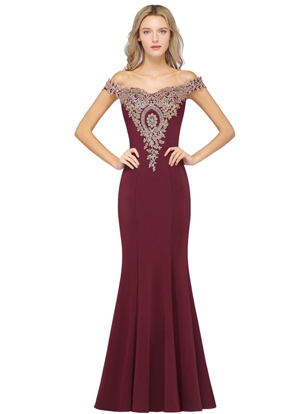 Off-the-shoulder Floor-Length Dress with Lace Appliques-BMbridal