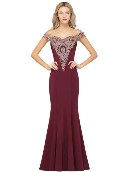 Off-the-shoulder Floor-Length Dress with Lace Appliques-BMbridal
