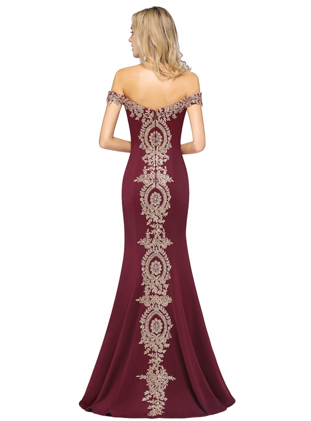 Off-the-shoulder Floor-Length Dress with Lace Appliques-BMbridal