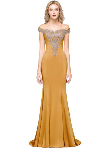 Off-the-shoulder Floor-Length Dress with Lace Appliques-BMbridal