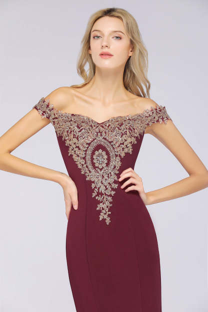 Off-the-shoulder Floor-Length Dress with Lace Appliques-BMbridal