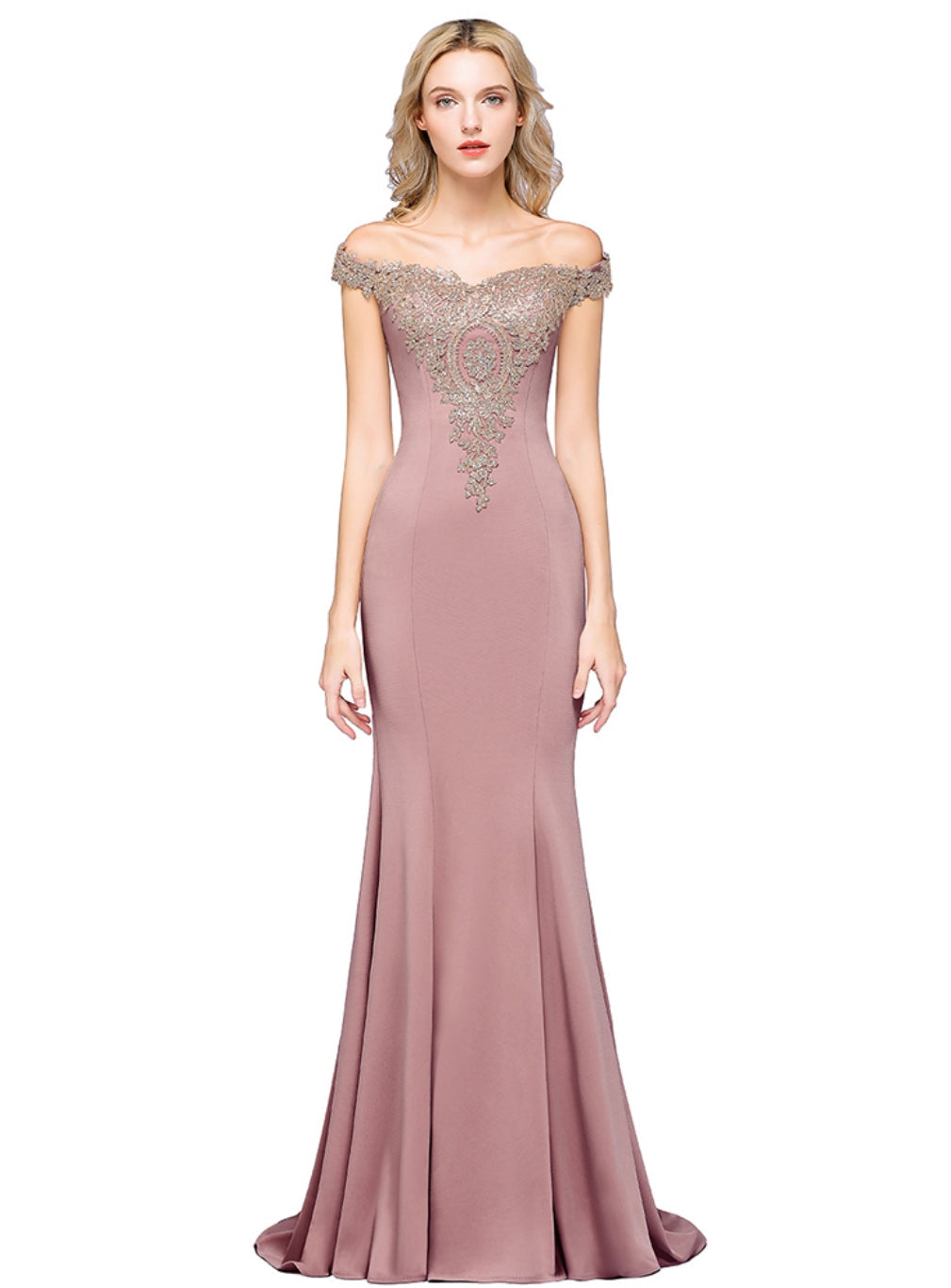Off-the-shoulder Floor-Length Dress with Lace Appliques-BMbridal