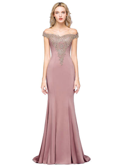 Off-the-shoulder Floor-Length Dress with Lace Appliques-BMbridal