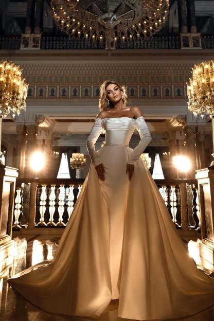 Off-the-Shoulder Long Sleeves Satin Mermaid Wedding Dress with Detachable Tail-BMbridal.com