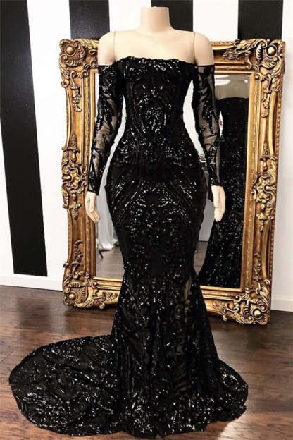 Off-the-shoulder Long Sleeves Sexy Mermaid Sweep Train Prom Dresses-BMbridal.com
