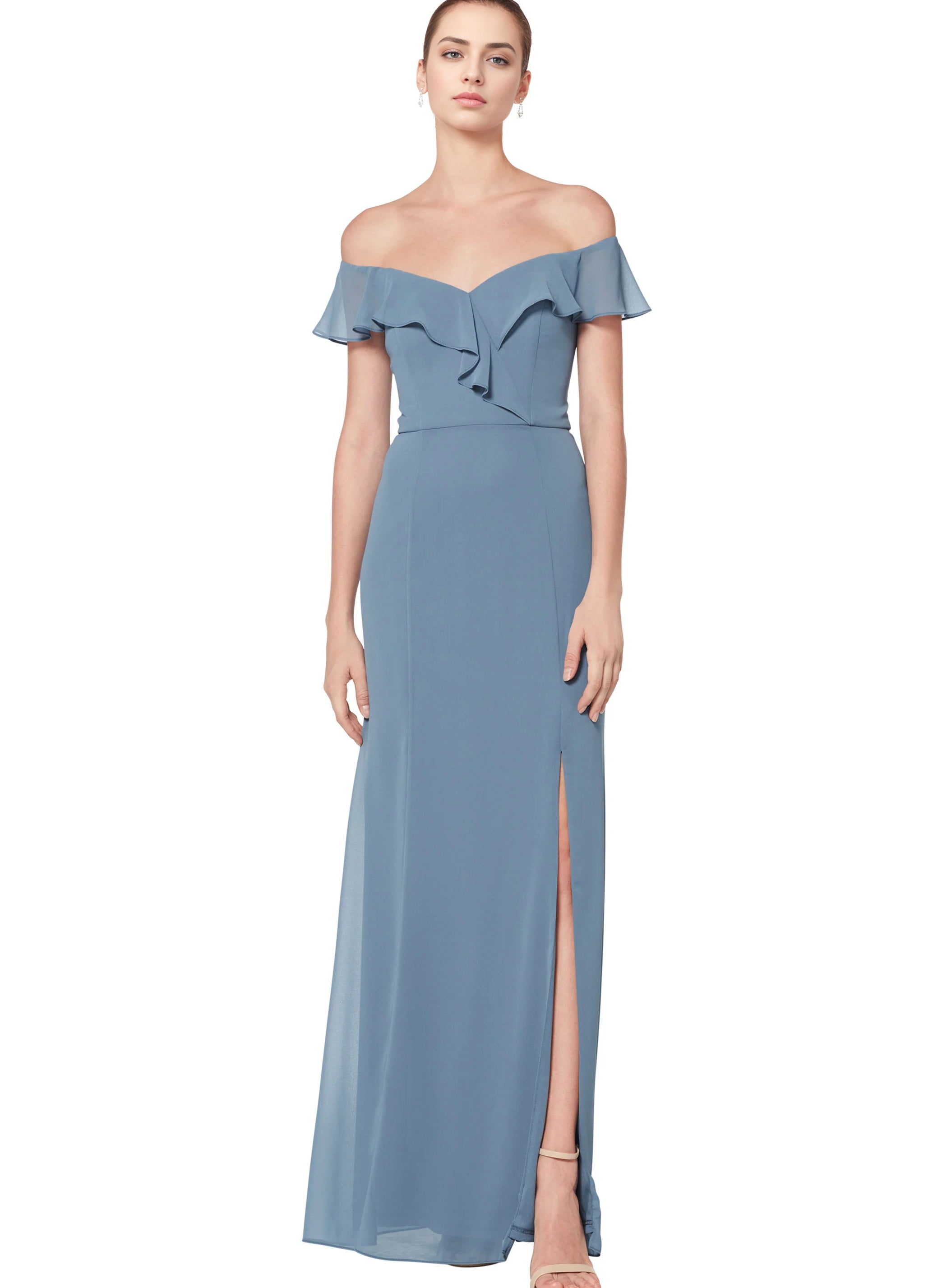 Off-The-Shoulder Sheath/Column Bridesmaid Dresses with Split Front in Blue