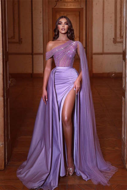 Off-the-shoulder Sparkly Beads Sexy Side Slit Prom Dresses-BMbridal.com