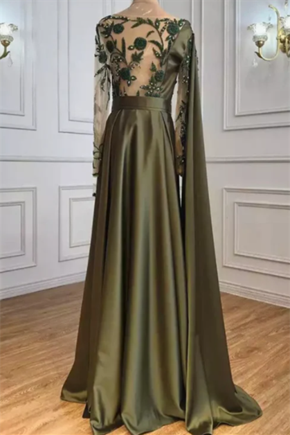 One Shoulder Evening Dress with Cape Long Sleeves-BMbridal