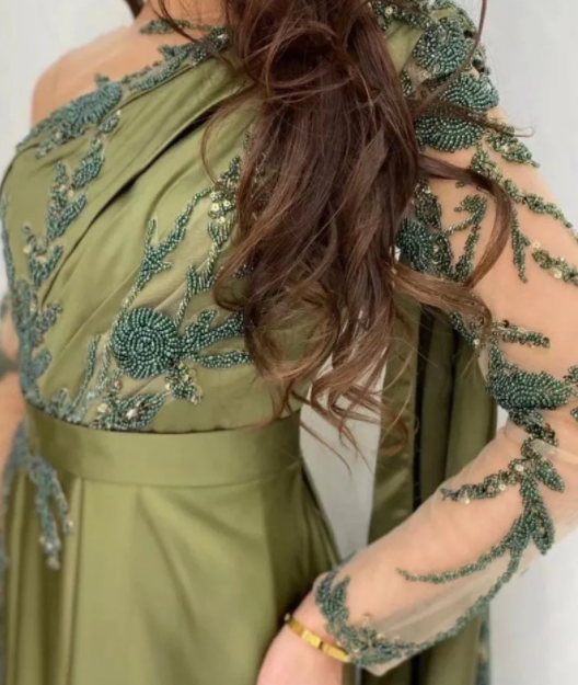 One Shoulder Evening Dress with Cape Long Sleeves-BMbridal.com