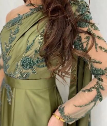One Shoulder Evening Dress with Cape Long Sleeves-BMbridal.com