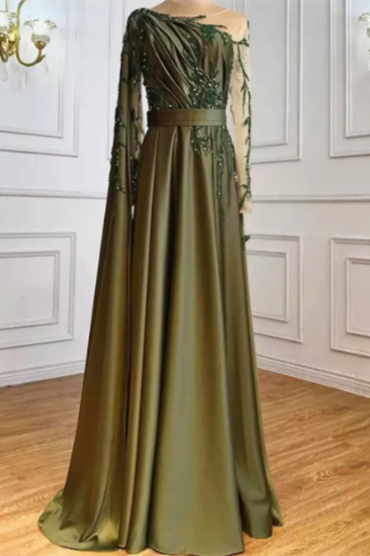 One Shoulder Evening Dress with Cape Long Sleeves-BMbridal.com