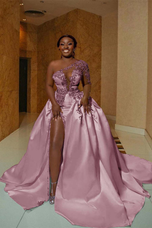 One Shoulder Satin Aline Wedding Dresses Front Slit Wedding Dresses with Train - wedding dresses