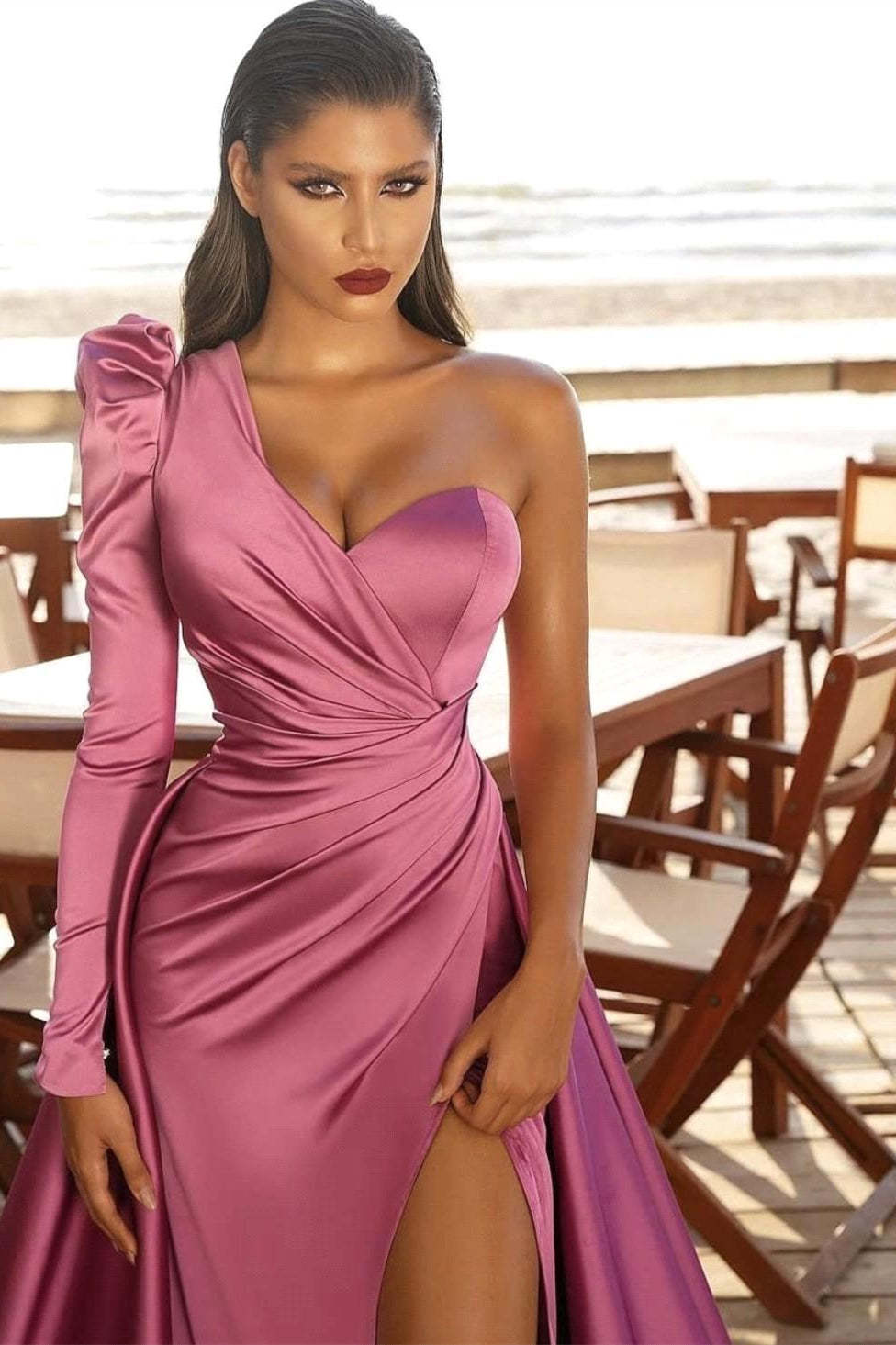 One Shoulder Satin Side Split Prom Gowns with Sweep Train-BMbridal.com