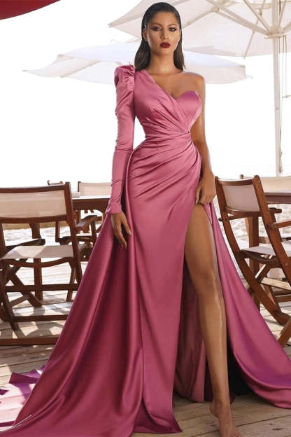 One Shoulder Satin Side Split Prom Gowns with Sweep Train-BMbridal.com