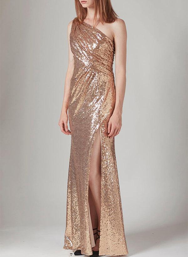 One-Shoulder Sequined Bridesmaid Dresses With Split Front