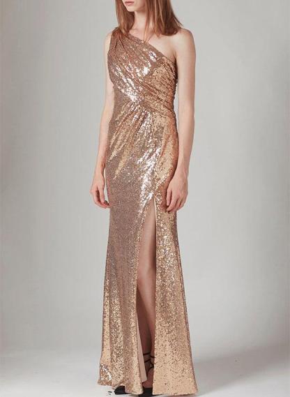 One-Shoulder Sequined Bridesmaid Dresses With Split Front