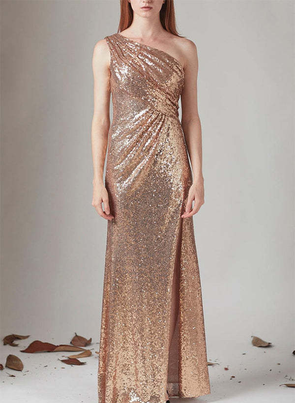 One-Shoulder Sequined Bridesmaid Dresses With Split Front