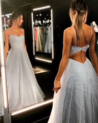 Open Back Spaghetti Strap Sequin Prom Dresses Ice Blue Sexy Evening Gowns-BMbridal.com