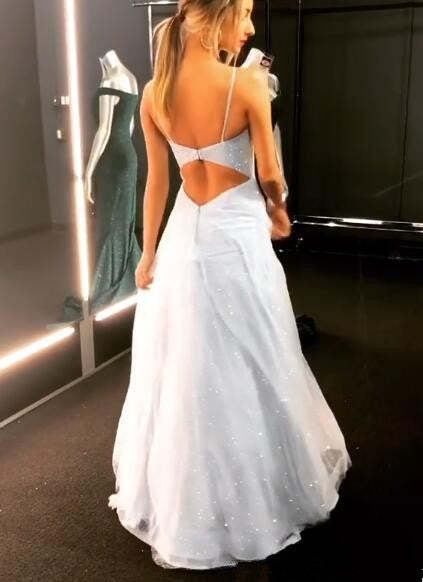 Open Back Spaghetti Strap Sequin Prom Dresses Ice Blue Sexy Evening Gowns-BMbridal.com