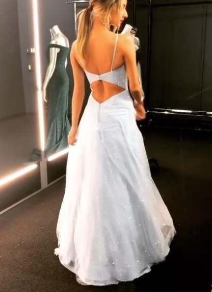 Open Back Spaghetti Strap Sequin Prom Dresses Ice Blue Sexy Evening Gowns-BMbridal.com