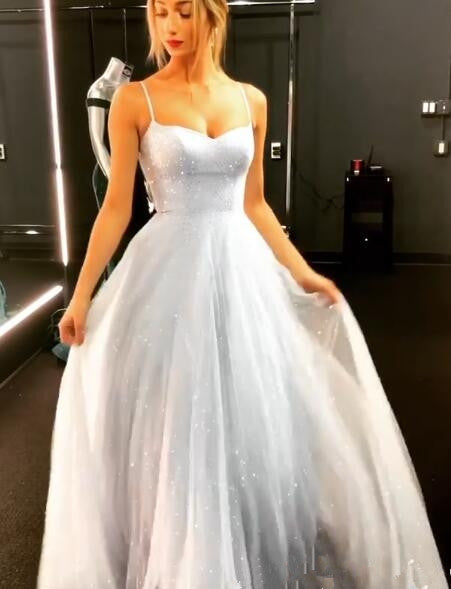 Open Back Spaghetti Strap Sequin Prom Dresses Ice Blue Sexy Evening Gowns-BMbridal.com