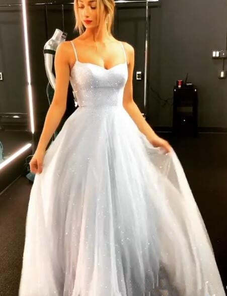 Open Back Spaghetti Strap Sequin Prom Dresses Ice Blue Sexy Evening Gowns-BMbridal.com