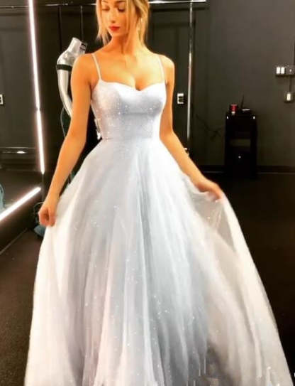 Open Back Spaghetti Strap Sequin Prom Dresses Ice Blue Sexy Evening Gowns-BMbridal.com