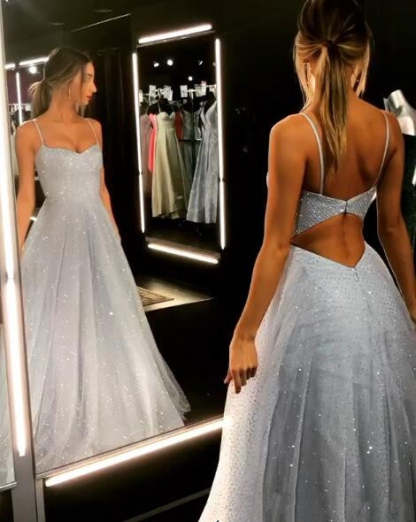 Open Back Spaghetti Strap Sequin Prom Dresses Ice Blue Sexy Evening Gowns-BMbridal.com