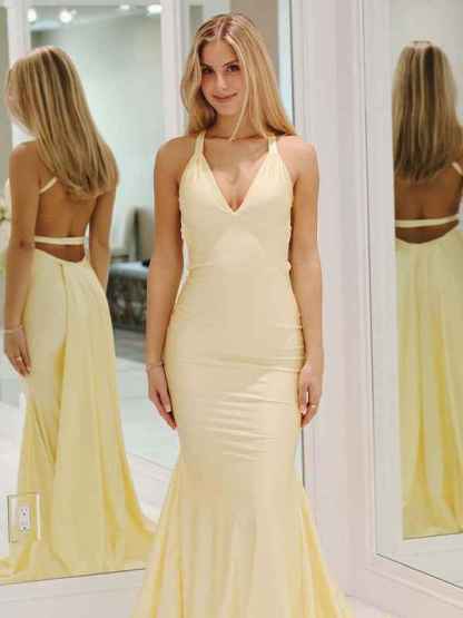 Yellow Mermaid Unique Open Back Long Prom Dress