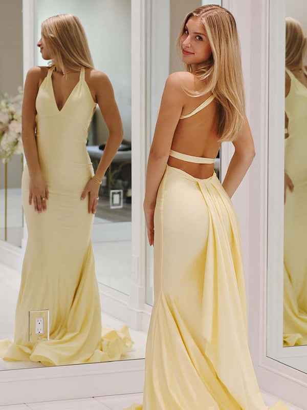 Yellow Mermaid Unique Open Back Long Prom Dress
