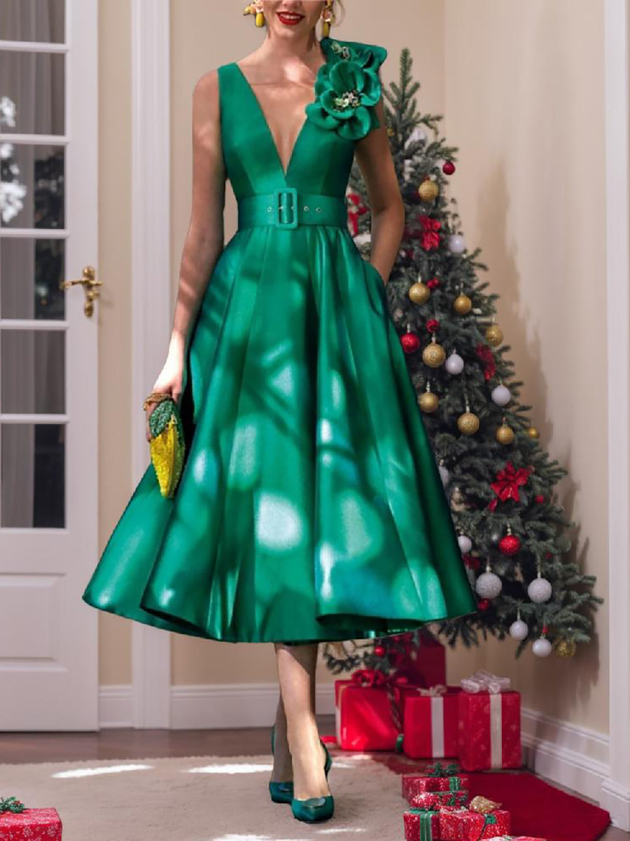 V-Neck Sleeveless A-Line Tea-Length Mother of the Bride Dress with Sash-BMbridal