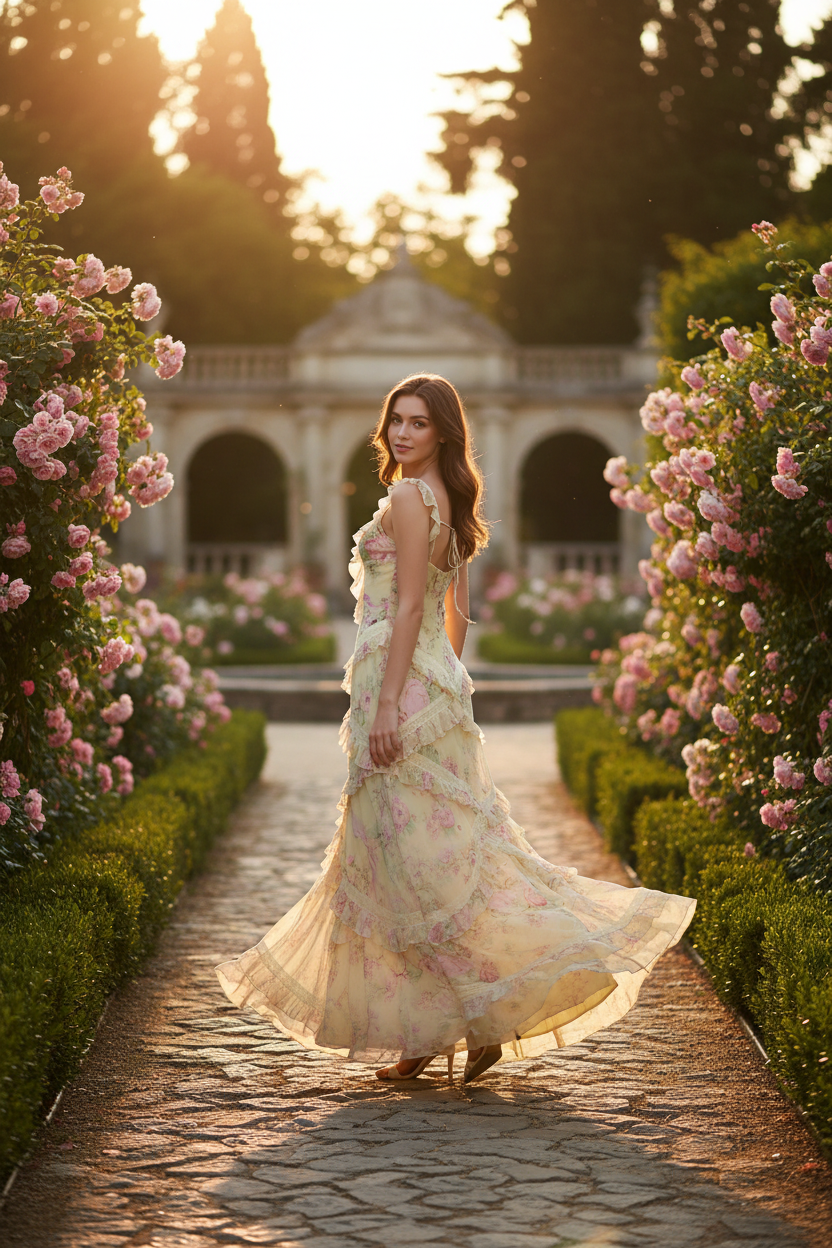 Yellow Floral Print Tiered Ruffle Prom Dress with Open Back and Tie Straps