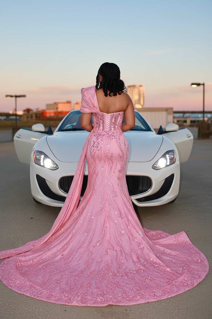 Pink Dream - Beaded Bow Mermaid Prom Dress with 3D Florals & Train