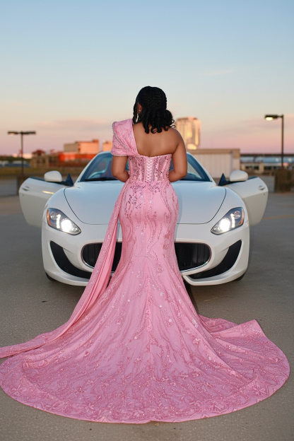 Pink Dream - Beaded Bow Mermaid Prom Dress with 3D Florals & Train