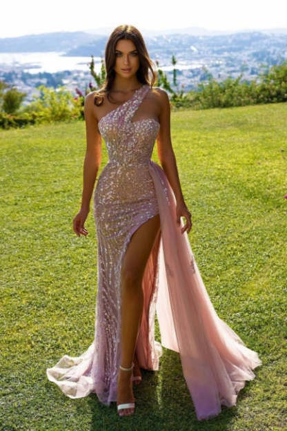 Pink Lace Sleeveless Long Sexy Evening Dress with Glitter-BMbridal.com