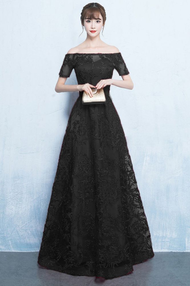 Plus Size A-line Off-the-shoulder Short Sleeves Long Beading Appliques Prom/Formal Evening Dresses-BMbridal