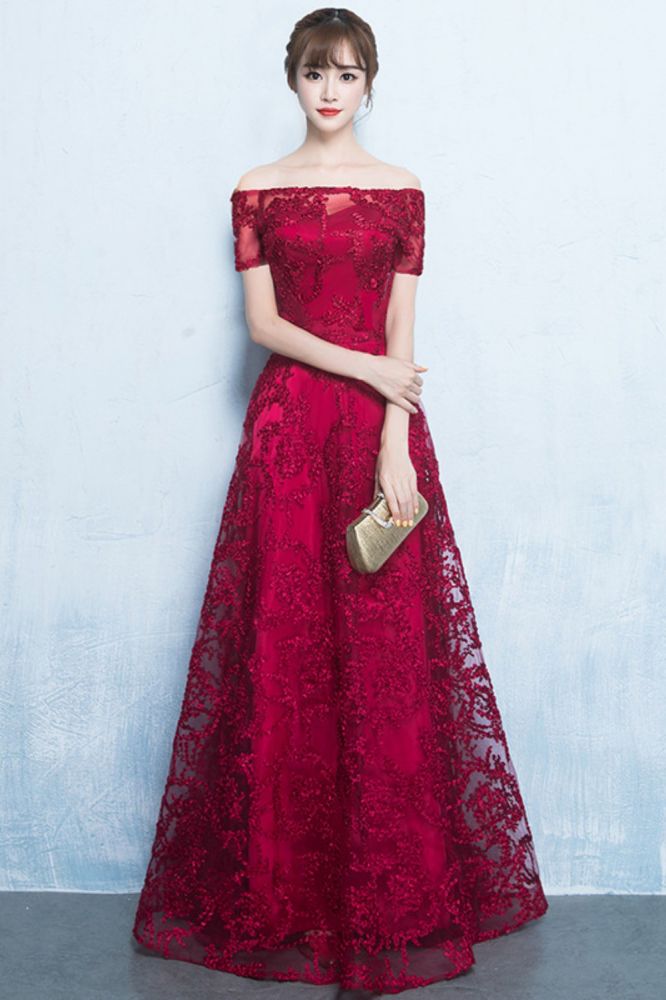 Plus Size A-line Off-the-shoulder Short Sleeves Long Beading Appliques Prom/Formal Evening Dresses-BMbridal