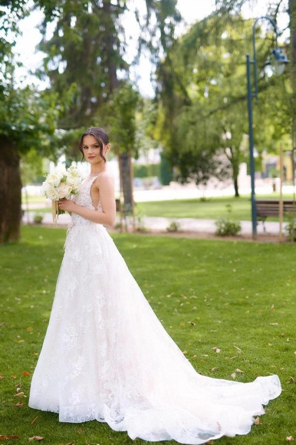 Pretty Ivory V-Neck Sleeveless A-Line Wedding Dress with Appliques