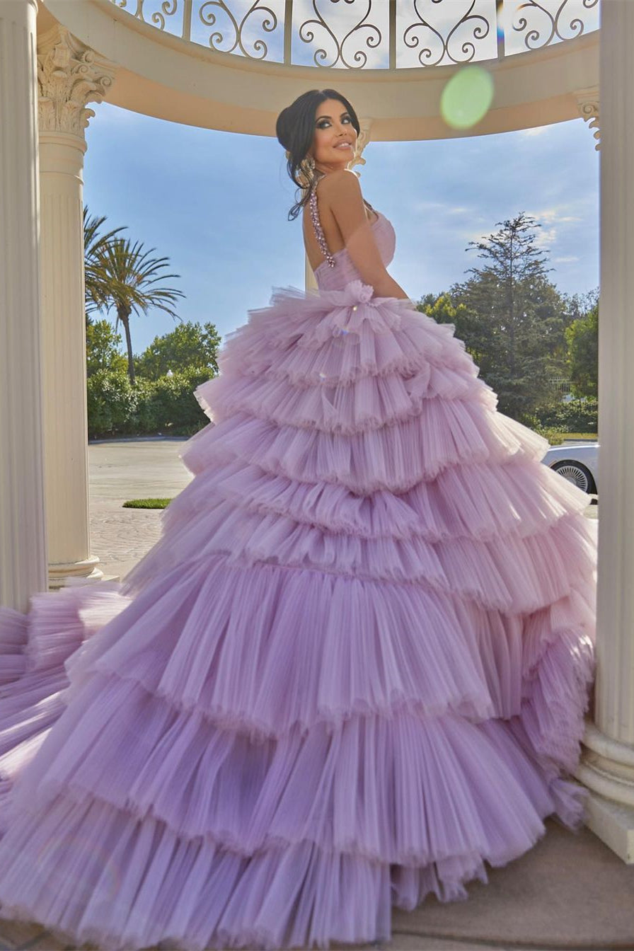 Princess A-line Lilac Straps Ruffles Sleeveless Prom Dress-BMbridal.com