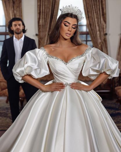 Princess Long Ivory A-line V-neck Jewel Wedding Dress With Long Sleeves-BMbridal.com