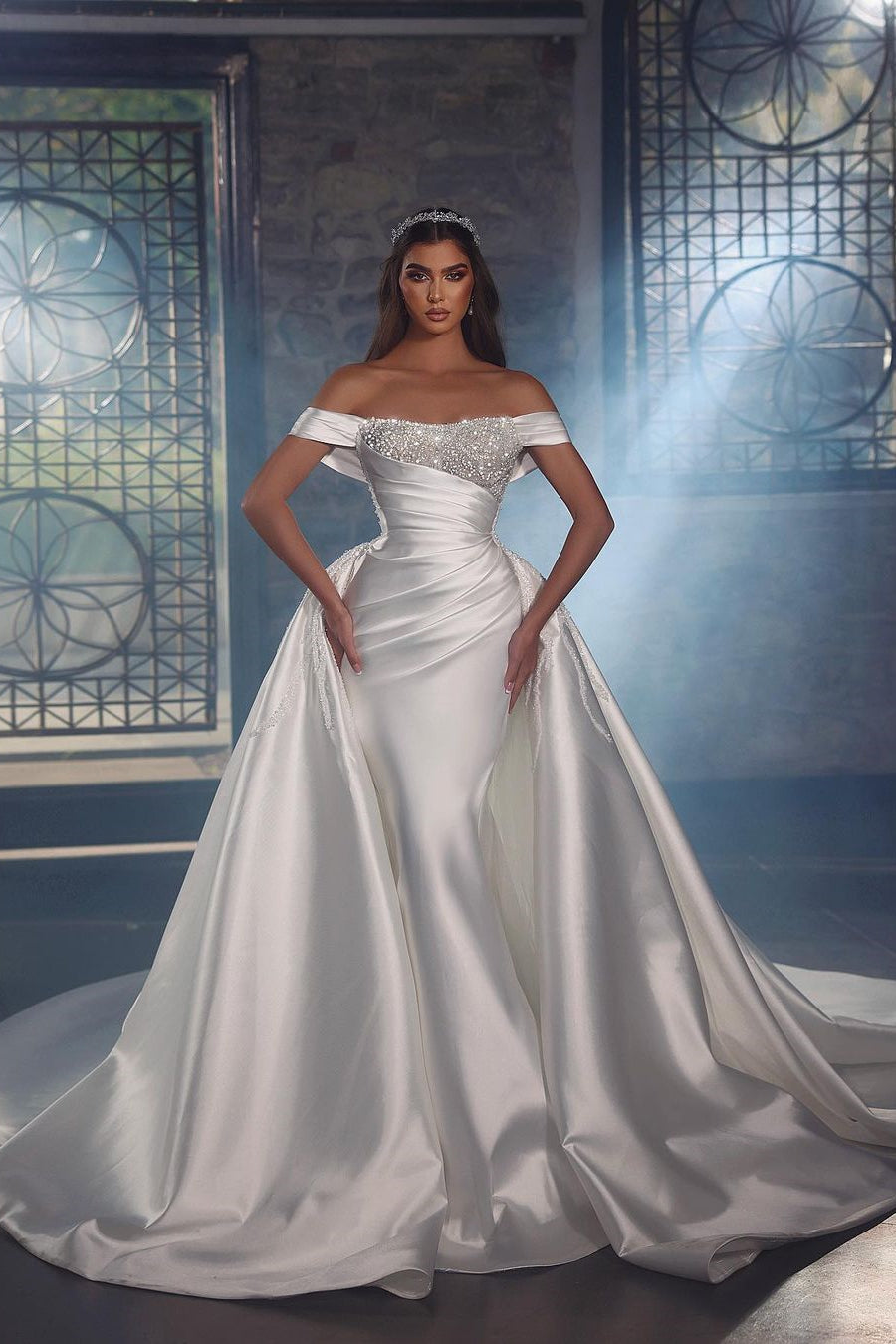 Princess Long White A-line Off-the-shoulder Lace Beading Wedding Dress With Detachable Train-BMbridal