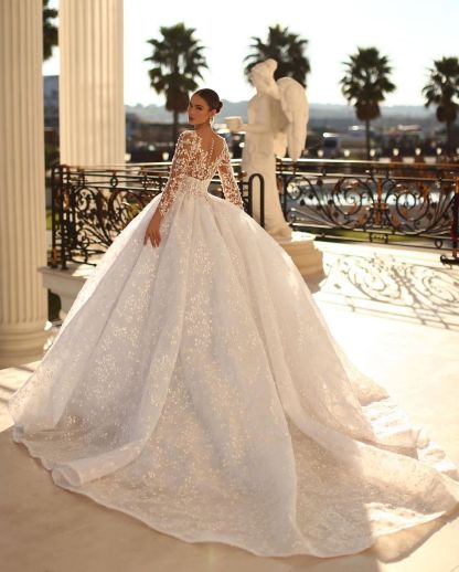 Princess Long White A-line V-neck Lace Wedding Dress With Long Sleeves-BMbridal.com
