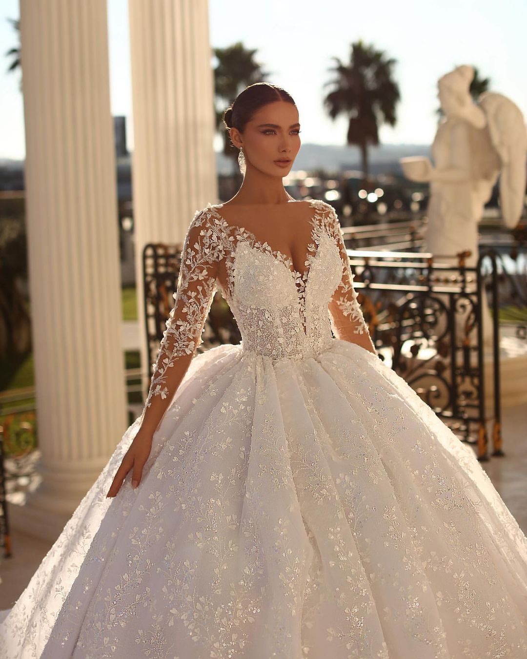 Princess Long White A-line V-neck Lace Wedding Dress With Long Sleeves-BMbridal.com