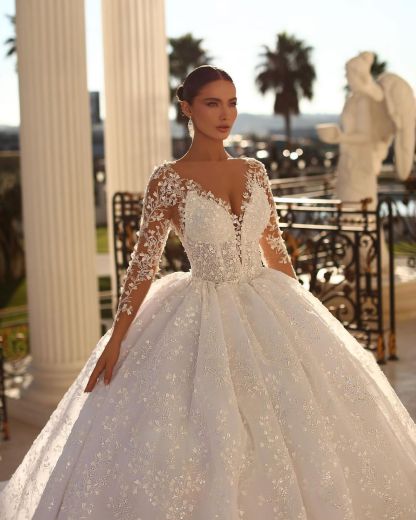 Princess Long White A-line V-neck Lace Wedding Dress With Long Sleeves-BMbridal.com
