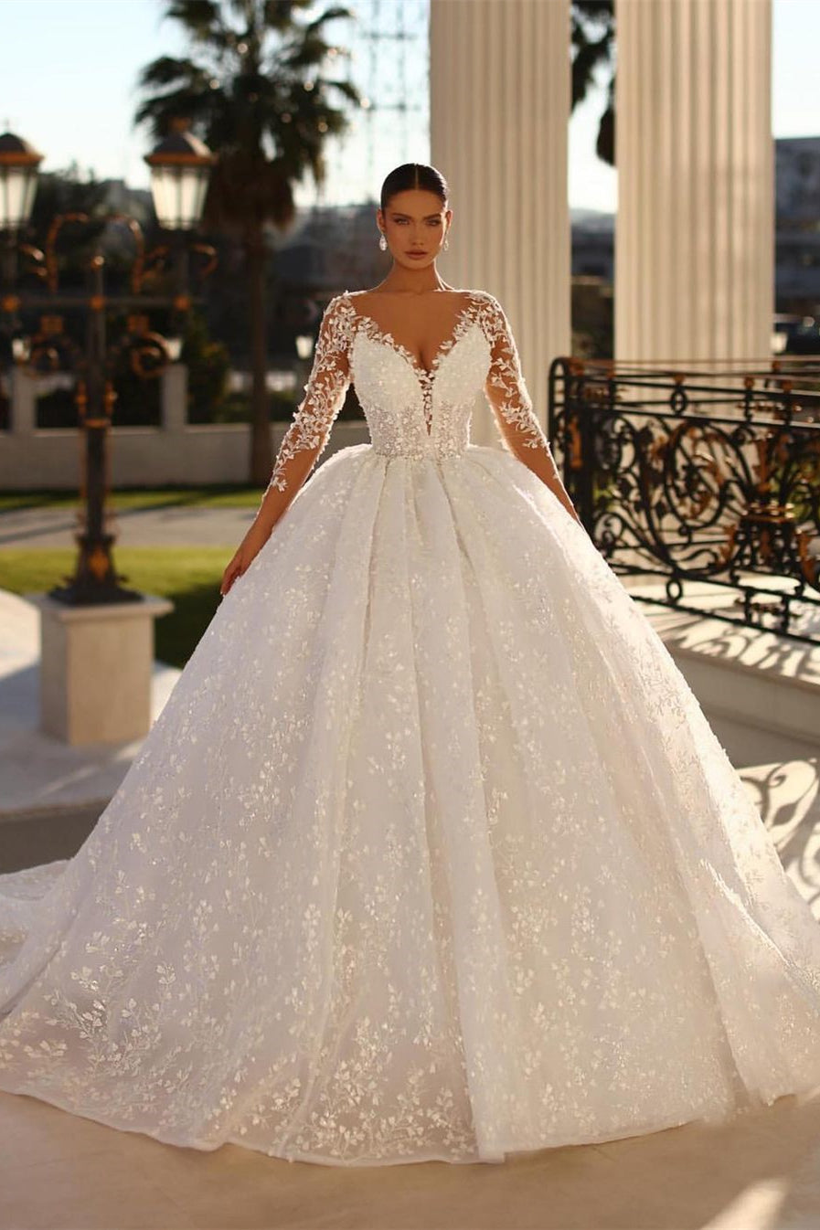 Princess Long White A-line V-neck Lace Wedding Dress With Long Sleeves-BMbridal